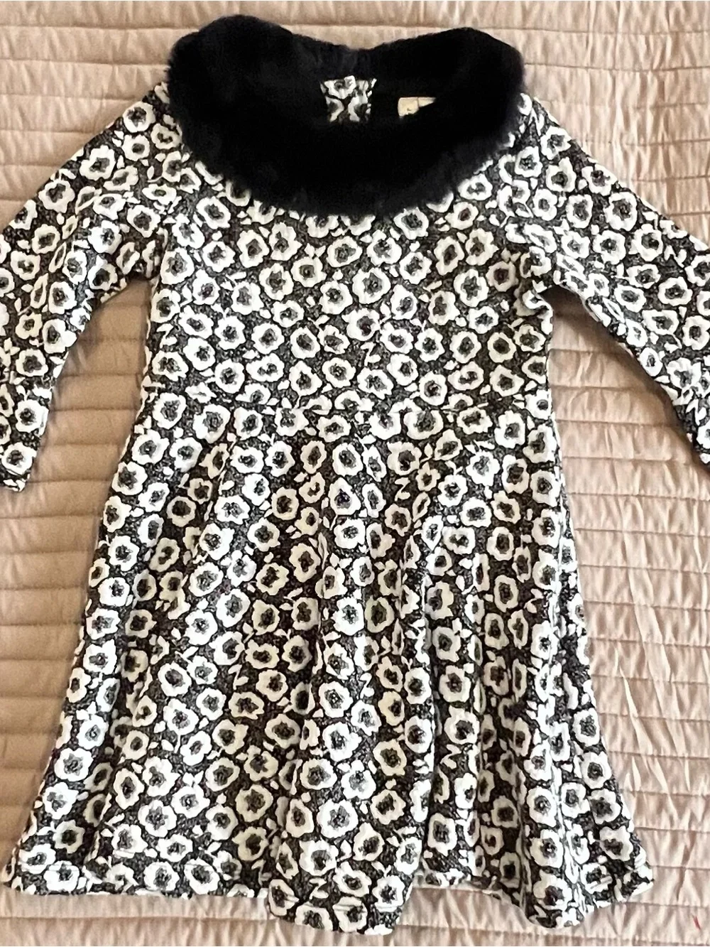 Janie and Jack Girls Black and White Floral Dress with Faux Fur Collar